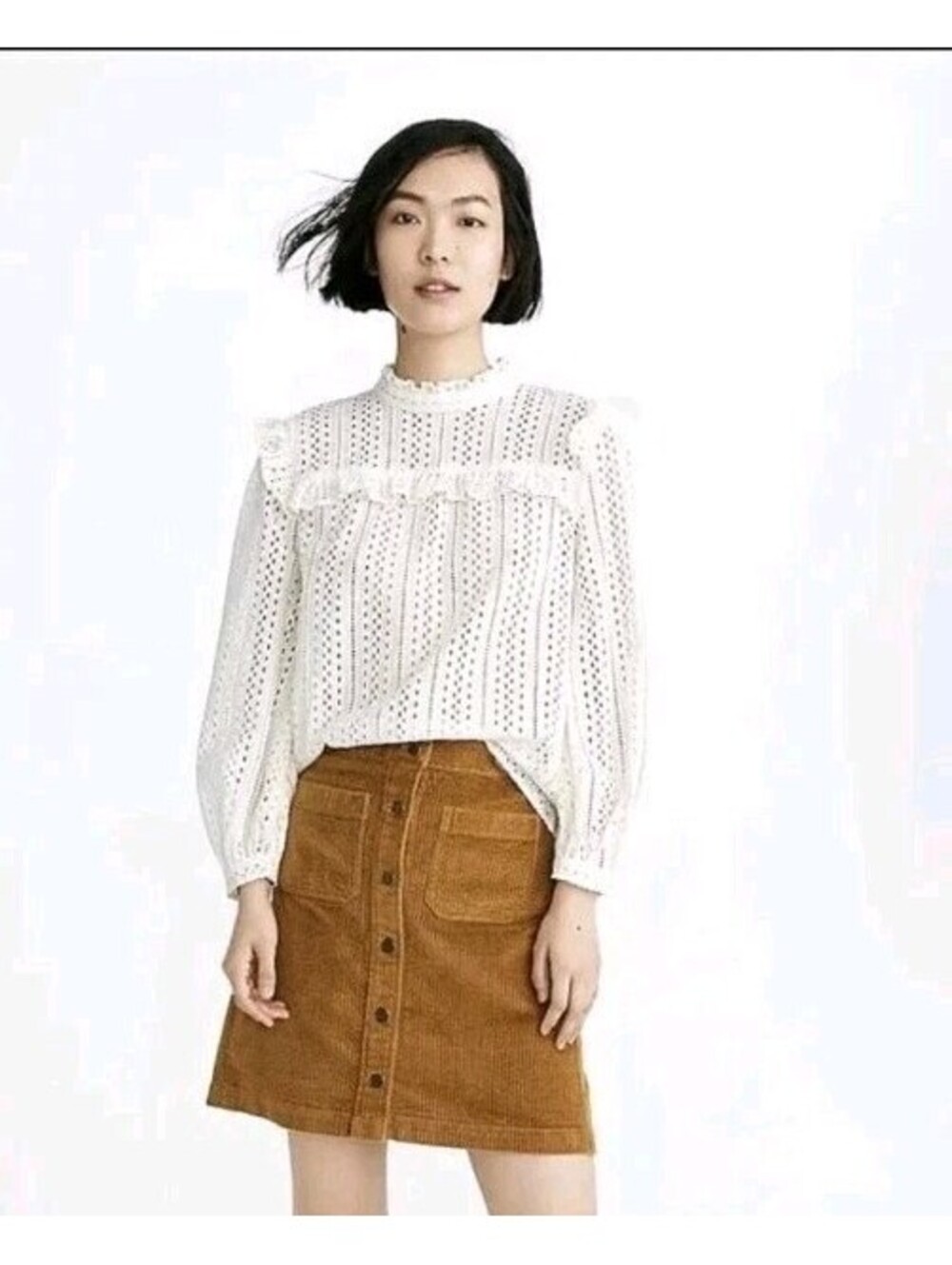Madewell Eyelet Ruffle Peasant Blouse Womens XS Ivory Mock Neck Cottagecore EUC